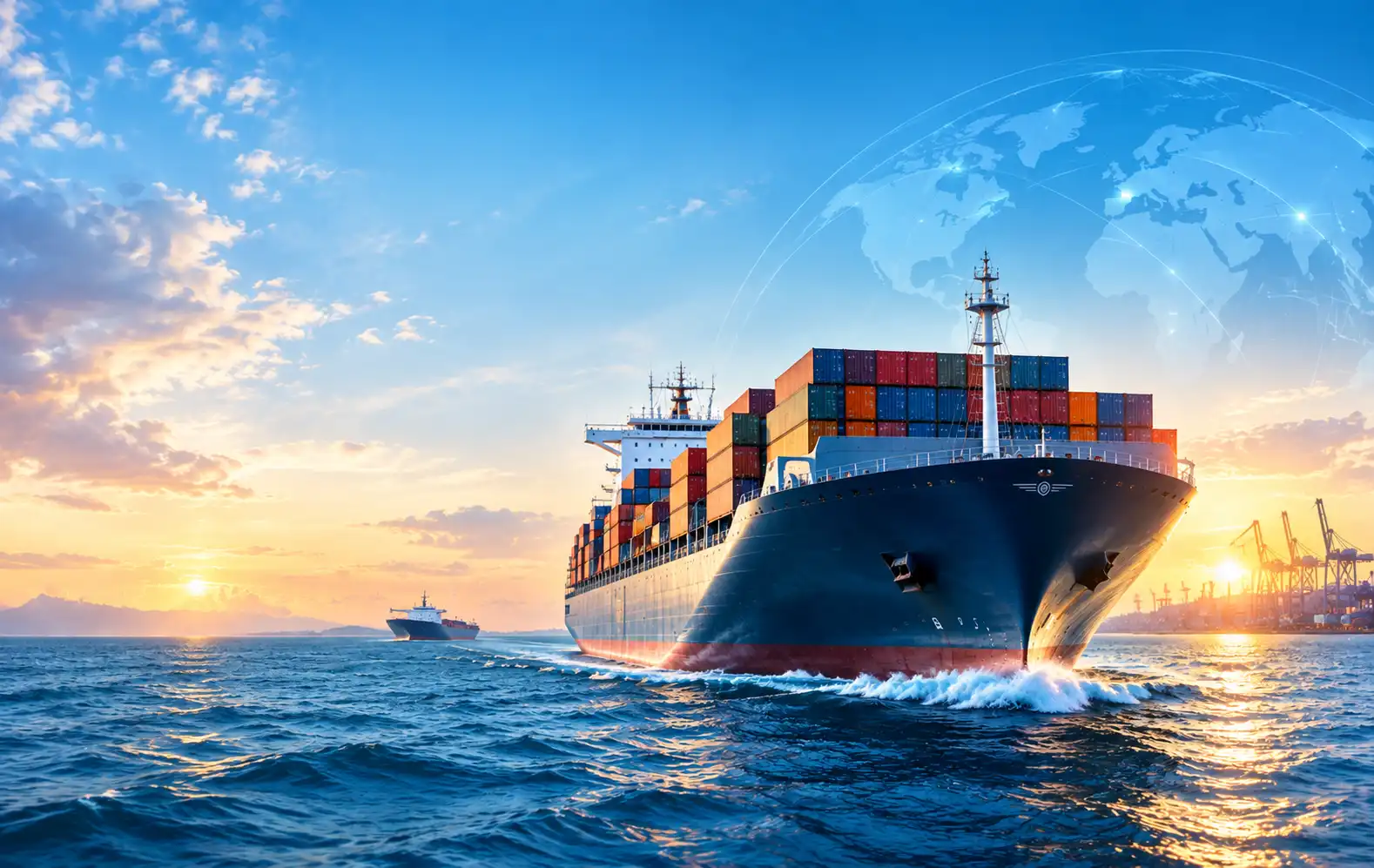 Container ship and offshore support vessel docked in a modern cargo port at dawn